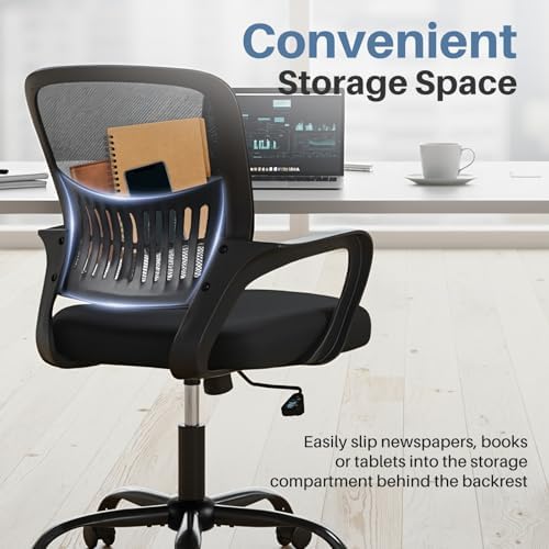 DUMOS Home Office Desk Chair - Ergonomic Mid Back with Lumbar Support & Rocking Mode, Height Adjustable with Fixed Armrest, for Conference, Computer, Meeting Room, 360° Swivel, Adults, Black — view 6