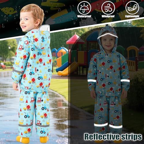 Baogaier Regenanzug für Kinder, Jungen Wind und wasserdicht Netzfutter Regenjacke & Regenhose Regenmantel mit Reflektor Regenset Regendichte Matschanzug Regenkleidung 2-3 Jahre, Hellblaues Auto