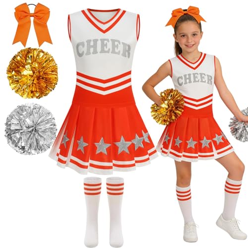 Girls Cheerleader Costume 5 PCS Shiny Star Style Kids Cheerleader Outfit with Pull Ring Pom Poms, Top, Skirt