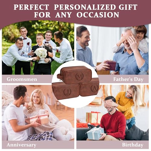 Janhavi Gifts for Father's Day, Waterproof Laser Engraved Initials & Wheat, Make Up Bag for Traveling, Men's Accessories Organizer, Groomsmen Gifts for Him, Travel Essentials(Medium, Red Brown, K)2