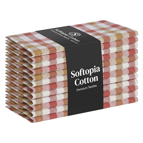 Softopia Cotton Gingham Check Cloth Napkins 12 Pack, 18x18 Inches, 100% Cotton, Washable Table Napkins for Formal and Casual Dining, Reusable Fabric Linens for Weddings, Parties, Holiday - Rust, Tan