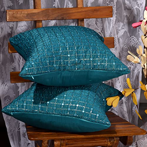 Image of Teal Decorative Cushion Covers 20x20 inches Set of 2, Silk Embroidered Pillow Covers, Turquoise Throw Pillows