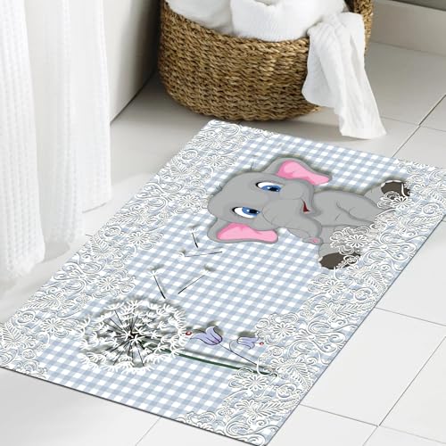 JHAOUNUK Alfombrilla de Baño Absorbente Antideslizante Lavable,Alfombra de Ducha con Respaldo de Goma para Baño,Bañera,Fondo de pantalla 3D de un pequeño elefante sobre un fondo de tela a cuad,40x60cm