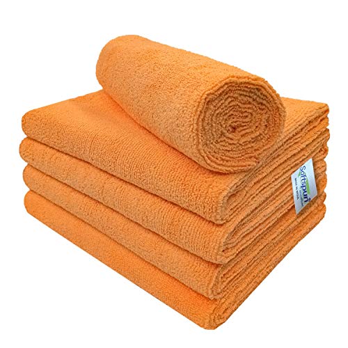 Image of SOFTSPUN Microfiber Cleaning Cloths, 40X60 cms 5 pcs Towel Set 340 GSM Orange! Highly Absorbent Lint and Streak Free Multipurpose Wash Cloth for Kitchen Car Window Stainless Steel Silverware.