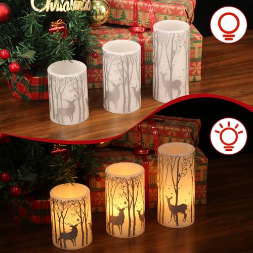 Image of Eldnacele Christmas Flickering Flameless Candles with 6 Hour Timer, Silver Deer Decal Battery Operated Real Wax LED Pillar Candles Home Tabletop Holiday Decor(3Pcs,3x4 /5 /6 Inches)