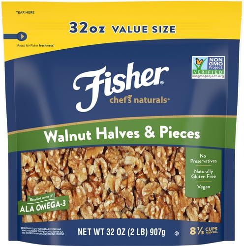 Image of Fisher Chef's Naturals Walnut Halves & Piece 2lb, 100% California Unsalted Walnut, Baking & Cooking, Healthy Snacks - Adults Resealable Bag, Vegan Protein, Keto Snack, Chopped Nuts,Topping (Pack of 3)