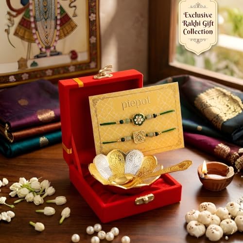 Image of Designer Rakhi Gift Set for Brother | German Silver Bowl & Spoon | Premium Raksha Bandhan Gift Hamper | Velvet Gift Box | Festive Return Gift