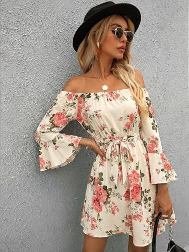 Image of Off Shoulder Ruffle Dress for Women, A-Line Mini Dress with Belt, Fitted Bust Summer Wedding Guest Dress