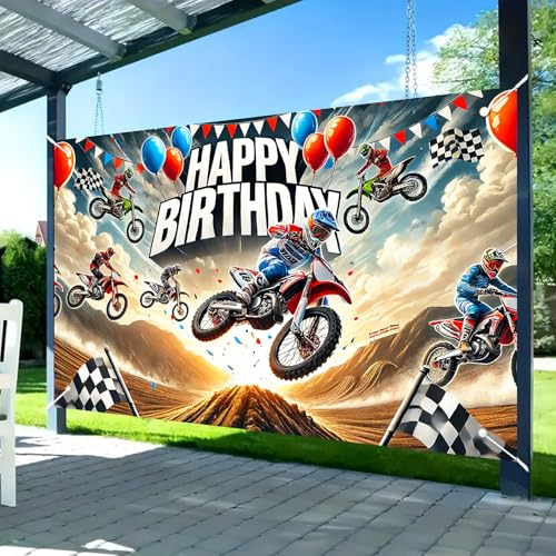 Image of Nuxovilar Motocross Happy Birthday Banner Backdrop 71 inchx43 Polyester | Dirt Bike Birthday Party Decorations Birthday Banner, Racing Backdrop Yard, Garage, Room (Dirt Bike)