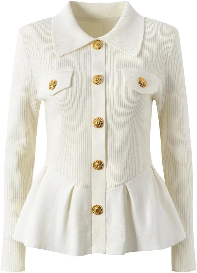 Women Turn-Down Collar Long Sleeve Single-Breasted Ruffles Hem Coat Knits Solid Cardigan