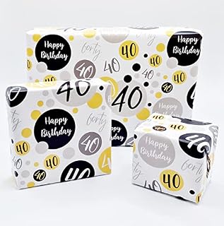4 Sheets + 4 Matching Gift Tags 40th Birthday Wrapping Paper Age 40 Birthday Black Gold Silver Giftwrap for Male and Female (PA)