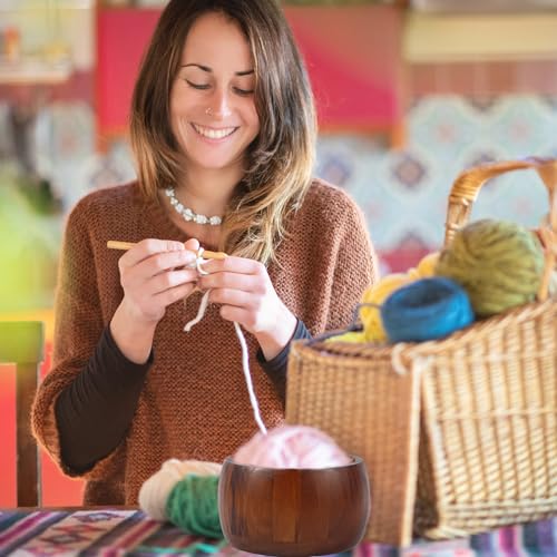 Image of NQEUEPN 6'' Wooden Yarn Bowl Holder, Yarn Bowls for Crochet & Knitting, Brown Pine Wood, Prevents Tangles, Portable, Ideal Gift