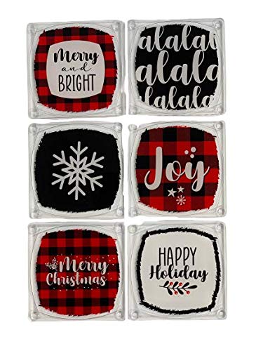 Idea Design Acrylic 3.5 Inches Xmas Holiday: Snow Flakes, Lalala, Joy, Happy Holiday and Plaid Designs– Assorted Coasters with Clear Acrylic Stand (Set of 6)