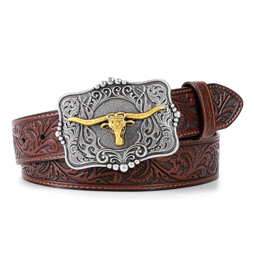 Image of Cowboy Cowgirl Belt Western Belts for Men Women Floral Engraved Longhorn Bull Buckle Belt for Jeans
