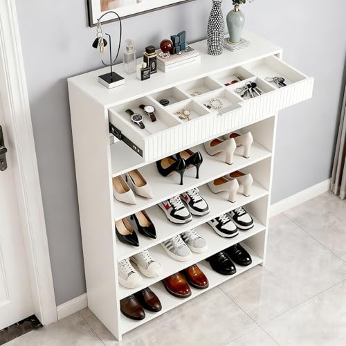 Opiniones de Zapateras de madera para closet comprados en linea. 42 Eluxktri - clóset de zapatos con cajones, 5 niveles con estantes abiertos, organizador de zapatos de madera delgado no empotrado, zapatero estrecho para entrada/pasillo/clóset,...