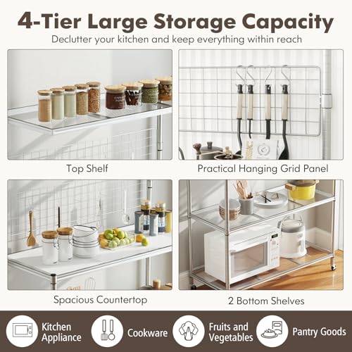 COSTWAY Kitchen Baker’s Rack, Mobile Microwave Stand with Lockable Wheels, Adjustable Shelves, S Hooks, Hanging Net & Shelf Liner, Heavy-Duty Utility Storage Shelf for Home Dining Room - Image 5