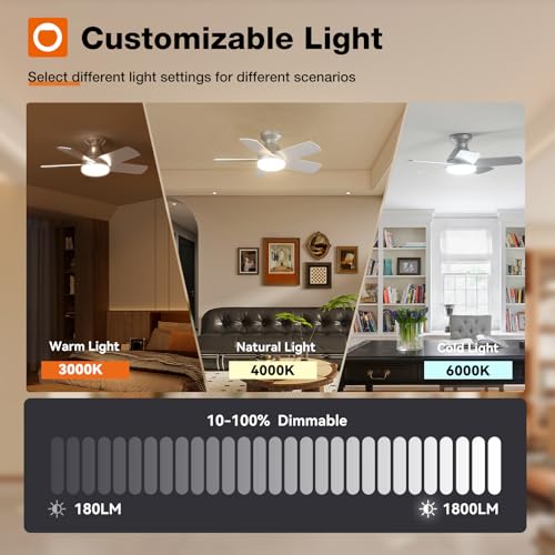 Image of addlon Ceiling Fans with Lights, 32 inch Low Profile Ceiling Fan with Light and Remote Control, Flush Mount, Reversible, 3CCT, Dimmable, Quiet, Silver Small Ceiling Fan for Bedroom Indoor /Outdoor Use