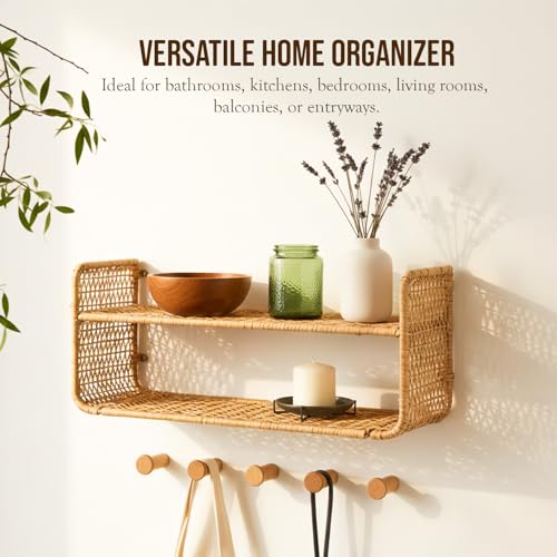 Image of PrettyKrafts Two Tier Rafia & Metal Wall Shelf Storage Organiser | Multipurpose Storage Basket | Decorative Wall Mounted Storage Rack for Living Room, Bedroom, Kitchen & Office (25x15x23 cm)
