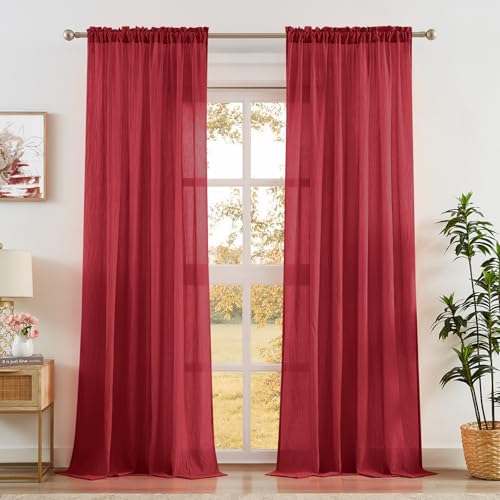 Anpark Red Sheer Curtains 63 Inch Length for Bedroom Light Filtering Elegant Cotton Textured Linen Semi Sheer Curtains Natural Voile Drapes Rod Pocket for Living Room W52 x L63 in 2 Panels