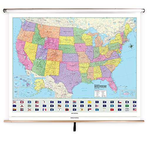 Kappa Classroom Pulldown Map, US & World Advanced Political Combo Wall Map, 2-Map Set, Installed on a Spring Roller with Backboard, 64” x 49”, Hanging Hardware Included, Made in the U.S.A.