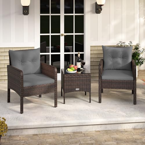 Image of Tangkula 3 Pieces Patio PE Wicker Furniture Set, Outdoor Bistro Conversation Set with Cushions and Tempered Glass Coffee Table, Outside Rattan Table and Chairs for Porch (Gray)