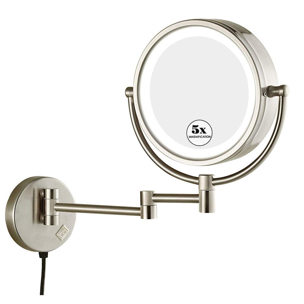 BWBW Makeup Mirror Wall Mounted, LED 5X Magnification Makeup Mirror Adjustable Height Double-Sided Mirrors for Bathroom Bedroom
