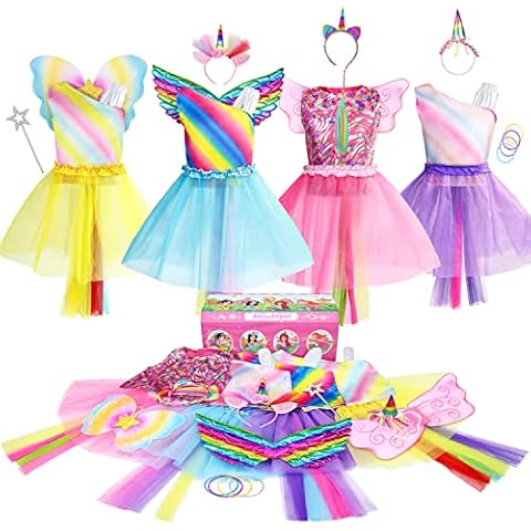Jeowoqao Girls Princess Dress up Trunk Set 19 Pcs, Rainbow Unicorn Costume Set, Toddler Girls Dress up Clothes Pretend Play Costumes Set for Little Girl Ages 3-6 Cover