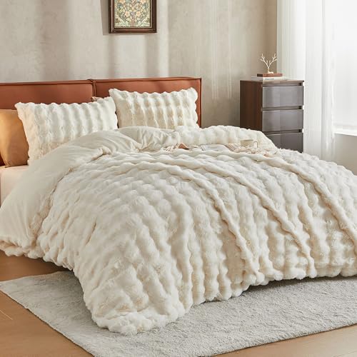 JELLYMONI Plush Duvet Cover Set - Queen Size Beige Faux Fur Comforter Cover 3pcs Bedding Set Luxury Ultra Soft Striped Fluffy Duvet Cover with Zipper and 2 Pillowcases (NO Comforter)