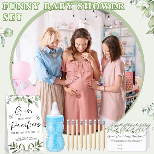 Image of Roowest 512 Pcs Baby Shower Games Guess How Many Pacifiers Sign 100 Small Guessing Games 10 HB Pencils 750ml Milk Bottle 400 Acrylic Pacifiers Decoration for Guest Gender Reveal(Blue,Plant)