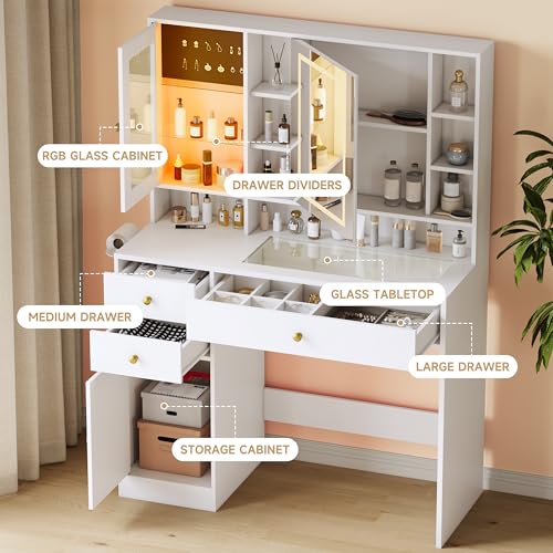 Image of HUANLEGO Vanity Desk with Mirror and Lights, White Vanity with Lighted Mirror and RGB Cabinet & Jewelry Organizers, Makeup Vanity Desk with Lights, Glass Top Dressing Table for Girls Bedroom
