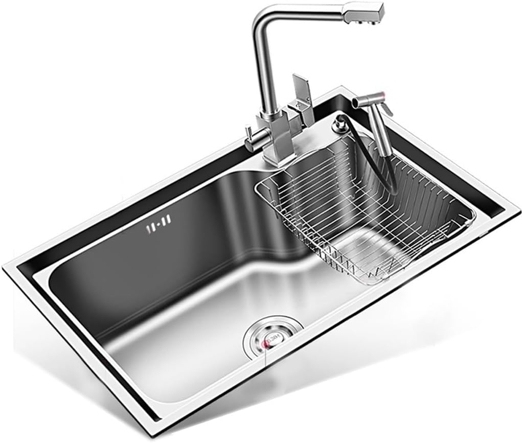Stainless Steel Sink With Waterfall Spout Black Kitchen Sink Thickened Single Bowl Sink With Cup Washer Complete With Accessories (Color : Black, Size : 80x45cm)