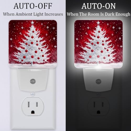 Image of NEWzone Christmas Tree Red Night Light Set of 2, Auto Sensor LED Dusk-to-Dawn Nightlights, Plug-in Sensor Lamp for Bedroom Bathroom Kitchen Hallway Stairs Decorative
