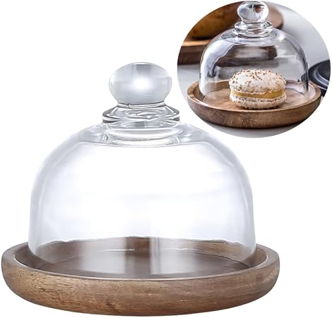 Rikyo Glass Dessert Dome with Wood Base,Mini Cake Stand,Cake Plate
