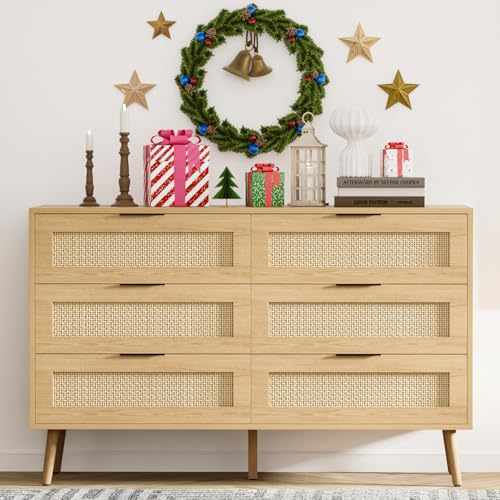 Image of MAISONPEX Double Dresser for Bedroom, Natural Rattan Closet Dresser with 6 Drawer, Chest of Drawers, Wooden Dressers Chest for Nursery, Hallway, Living Room