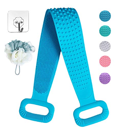 Silicone Body Scrubber with Loofah, Silicone Back Scrubber for Shower, Long Shower Back Scrubber, Silicone Body Brush for Exfoliating, Great for Men and Women (Blue)