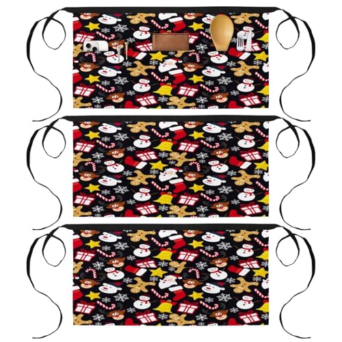Lot de 3 tabliers courts de chef avec 3 poches pour cuisine et bistrot au motif de Noël