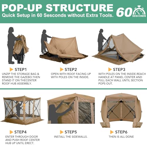 Image of COBIZI 10x10 Pop up Gazebo Screen House Tent for Camping, Pop-up Camping Canopy with Sidewalls, Portable Outdoor Quick-Set Hub Tent with Carrying Bag&Ground Stakes, Khaki(Upgraded 2.0)