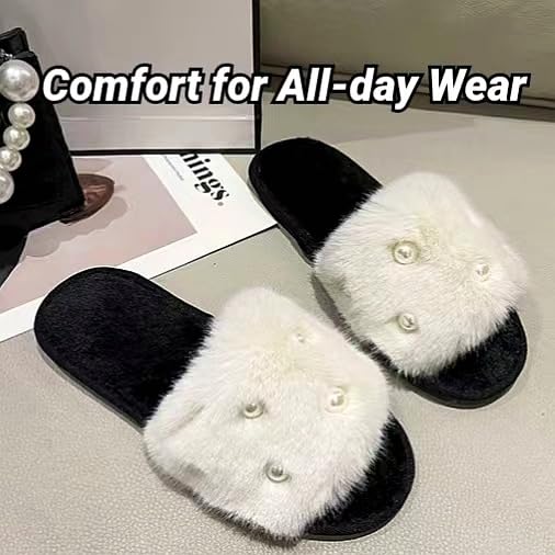 Women's Fluffy Fuzzy Slippers Memory Foam Open Toe Pearl Comfy House Slippers Cozy Faux Fur Soft Plush Home Slides Anti-Skid Indoor Outdoor Home Bedroom for Women Girls4