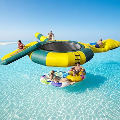 Inflatable Water Trampoline for Lake, Floating Rebounder Kids Adults Recreational PVC Water Trampoline Park,with Slide/Tube/Jumping Pillow Bag Bouncing Platform for Pool, Lake (Green, 13FT)