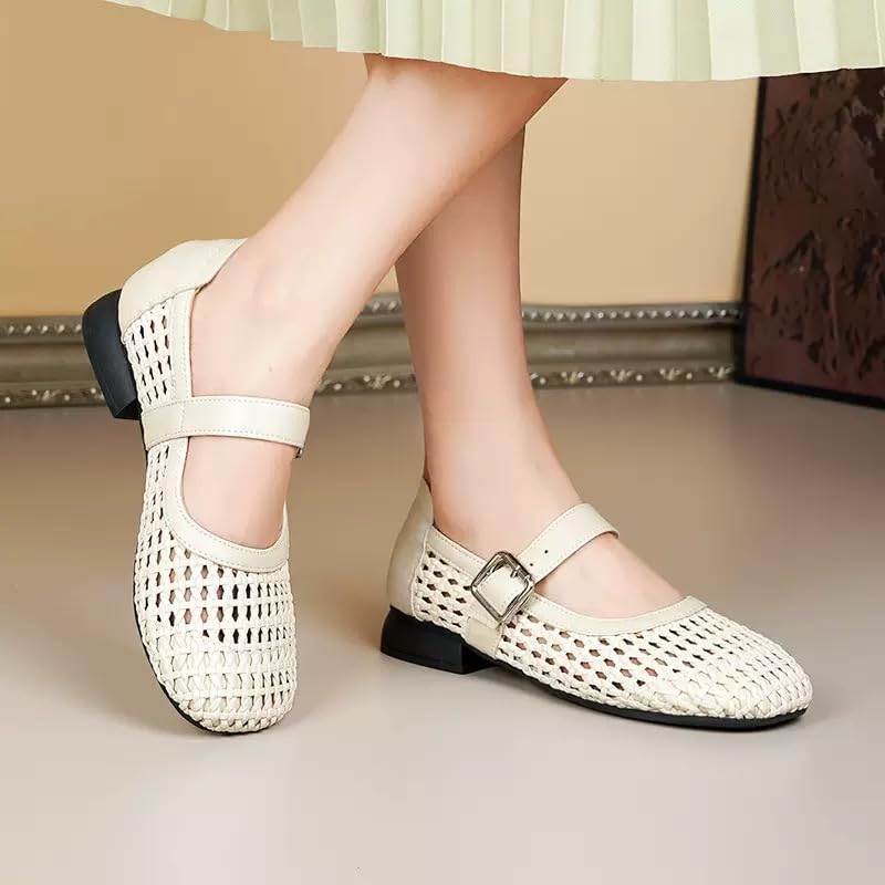 Women's Breathable Mesh Ballet Flats with Metal Buckle Strap Ballerina - Dressy Lace-Up Mary Jane Shoes with Woven Round Toe2