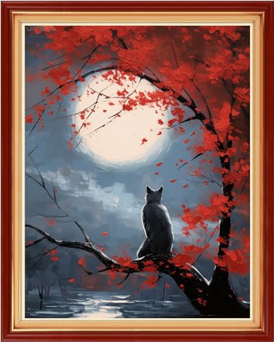 Image of Foxhool Beginners Cross Stitch Kits Stamped Full Range of Embroidery Kits for Adults DIY Cross Stitches kit Embroidery Patterns for Needlepoint kit-Cats Admiring Moon 16x20 inch
