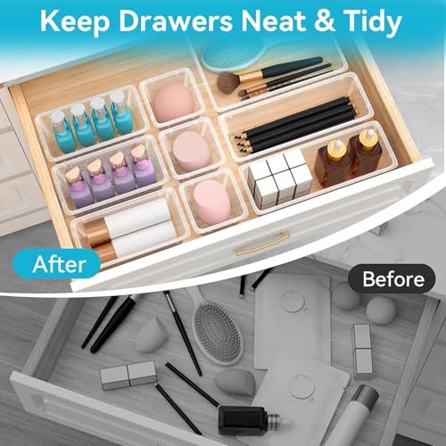 Image of ElegantArray 12 PCS Drawer Organizer Set, 4 Sizes Tool Storage Trays, Clear Plastic Makeup Vanity Organizer and Storage Bins for Makeup, Stationeries, Multiple Gadgets for Bathroom, Office, Bedroom