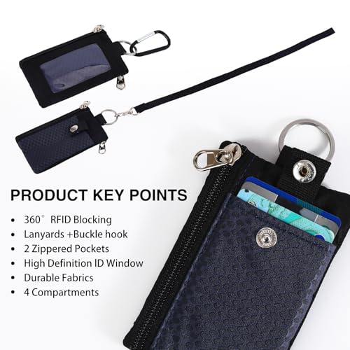 Image of MASAPHlL Small Lanyard Wallet for Women /Men with RFID Blocking ID Badge Holder, Minimalist Nylon Zipper Pouch, Travel Neck Wallet with Keychain, ID Window for Card,Coin,Cash (Dark Blue+Black)