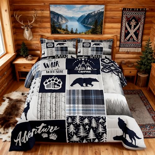 Deer Bear Kids Comforter Set Queen Size,Wolf Hunting Adventure Rustic Bedding Set for Boys Girls Adults Room Decor,Geometric Plaids Patchwork Down Comforter,Blue Xmas Duvet Insert,2 Pillowcases