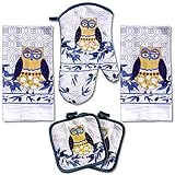 Lobyn Value Packs: Whimsical Blue Owl 5 Piece Kitchen Towel Set with 2 Decorative Dish Towels (25 X15), 1 Oven Mitt (11 X 7) and 2 Potholders (6.5 X 6.5)