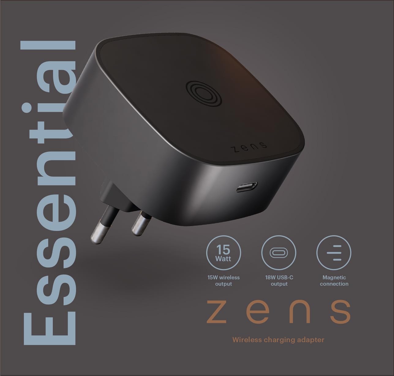 Zens Wireless Charging EU Power Adapter, Czarne | Bezprzewodowa ładowarka MagSafe i Qi, 15 W, do iPhone Air/17/16/15/14/13/12 oraz AirPods, zawiera port USB-C 18 W