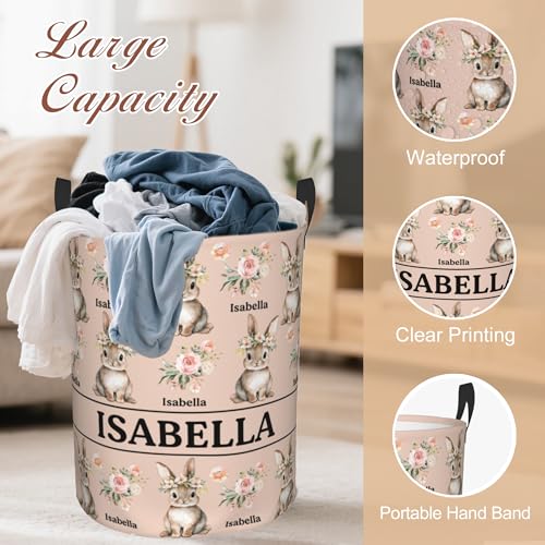 Image of Custom Name Laundry Hamper, Personalized Rabbit Laundry Basket with Name for Boys Girls Kids Men Women, Customized Name Dirty Clothes Basket Gifts for Clothes Toy Bathroom Bedroom Laundry Room Dorm