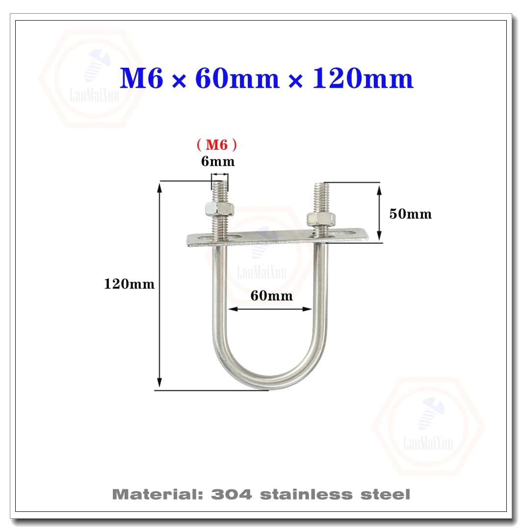 4 Set M6×60mm×120mm U Shape Bolts 304 Stainless Steel Round U Bolts with Nuts and Plates