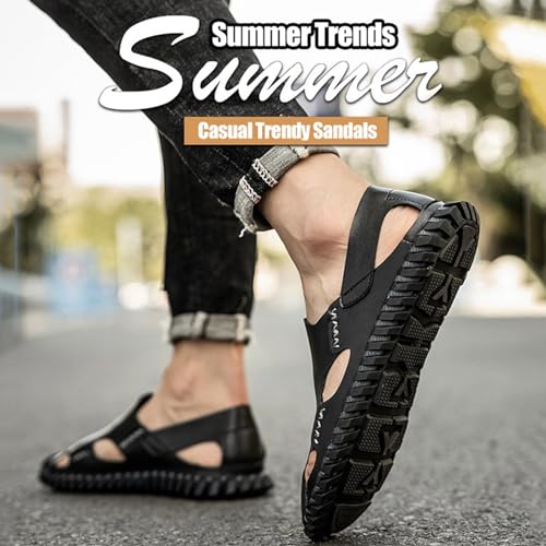 Men's Closed Toe Leather Handmade Sandals,Outdoor Hiking Sandals Closed Toe Leather Athletic Lightweight Trail Walking Casual Sandals Water Shoes Fisherman Beach Shoes2