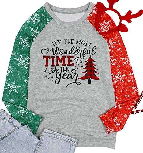 Taohong Merry Christmas Sweartshirt For Women Xmas Buffalo Plaid Tree Color Block Christmas Snowflake Print Long Sleeve Top T-Shirt Gray #TOP7